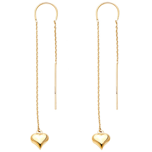 14K Yellow Gold Heart Design Threader Dangle Earrings