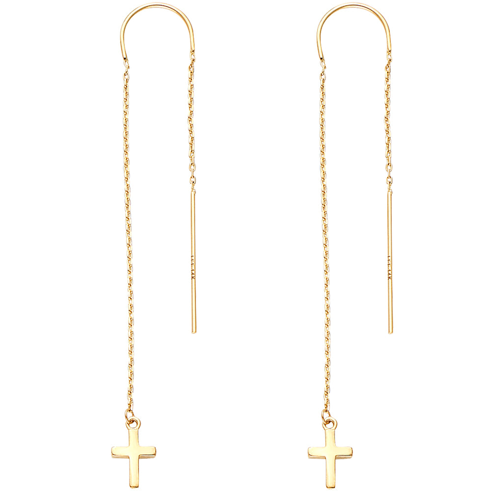 14K Yellow Gold Cross Design Threader Dangle Earrings