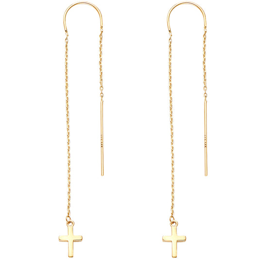 14K Yellow Gold Cross Design Threader Dangle Earrings