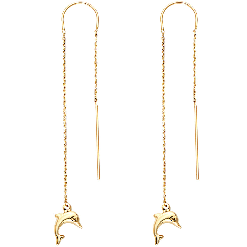 14K Yellow Gold Dolphin Design Threader Dangle Earrings