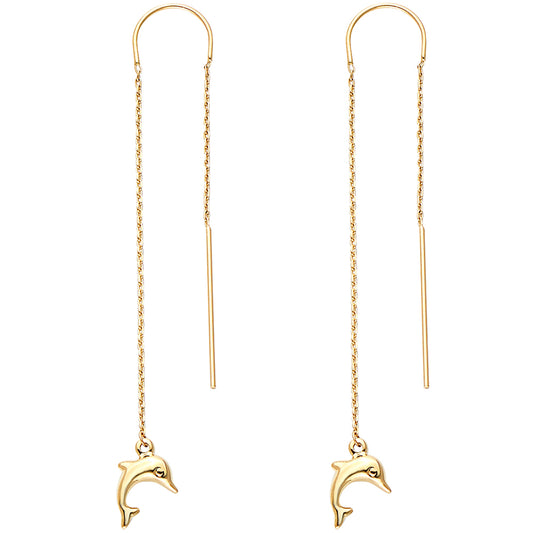 14K Yellow Gold Dolphin Design Threader Dangle Earrings