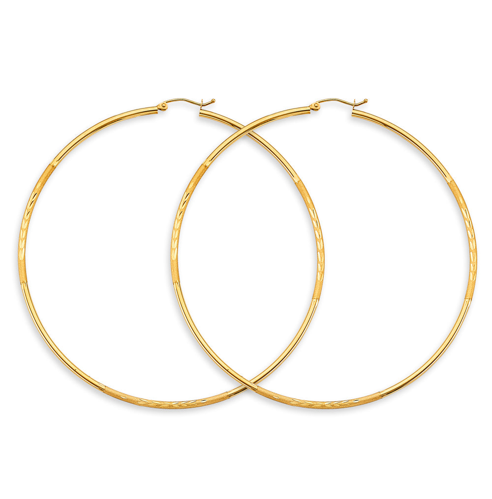 14K Yellow Gold Classic Hollow Satin-Finish / Diamond Cut Hoop Earrings 2.0mm Thick Aprox 3.5" in Diameter