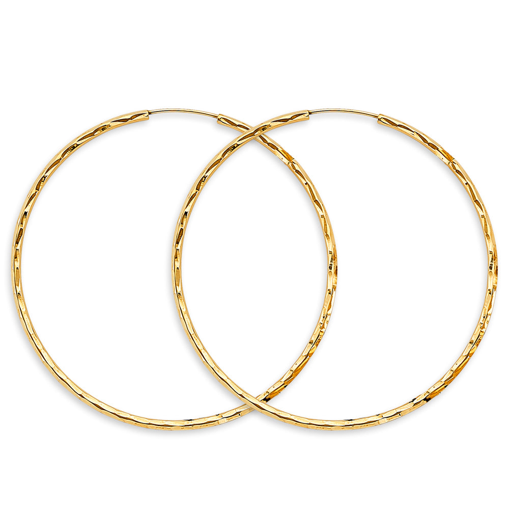 14K Yellow Gold Diamond-Cut 1.8mm Textured Round Hoop Earrings Thick Aprox 2.0" in Diameter