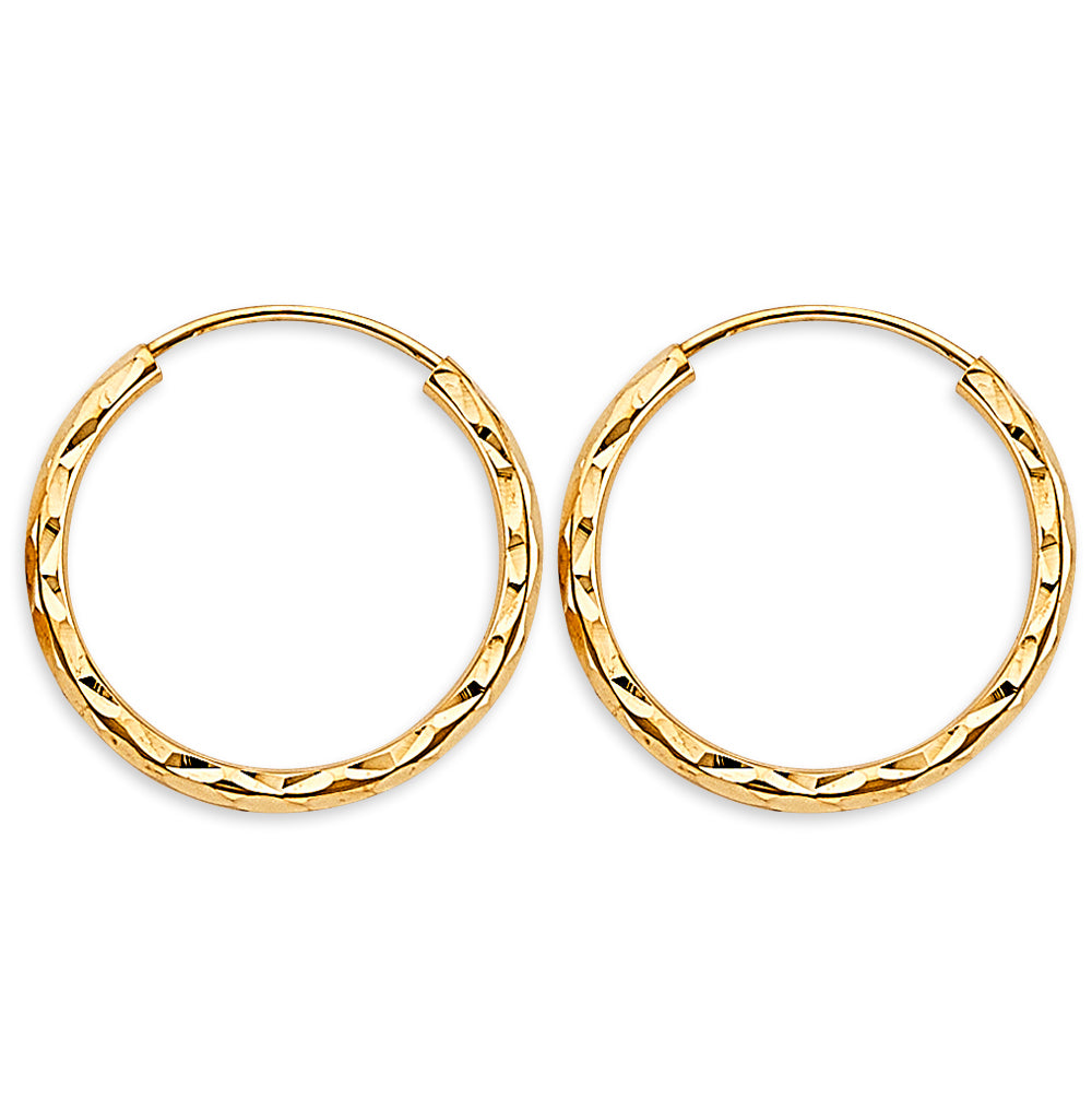 14K Yellow Gold Diamond-Cut 1.8mm Textured Round Hoop Earrings Thick Aprox 0.8" in Diameter