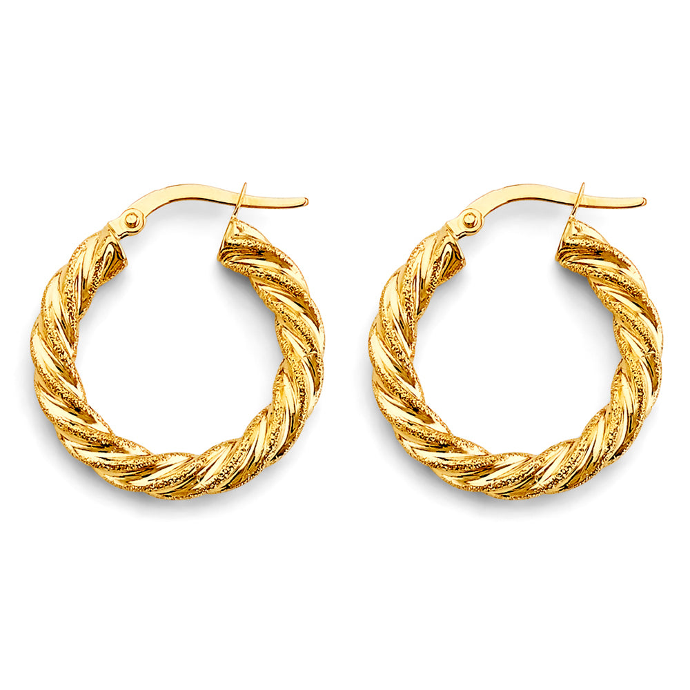 14K Yellow Gold Twisted Diamond-Cut Hoop Earrings aprox 1" tall