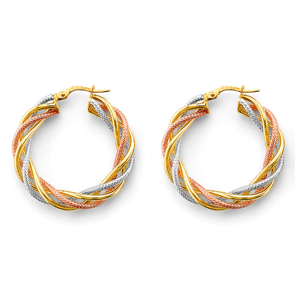 14K Tri-Color Gold Twisted Braided Fancy Hoop Earrings 1 1/4" in diameter