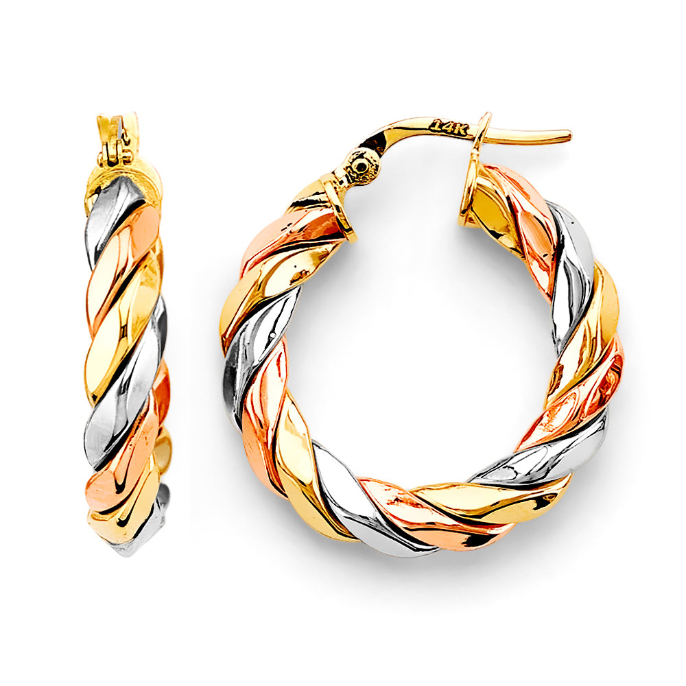 14K Tri-Color Gold High-Polished Twisted Fancy Hoop Earrings aprox 1" in diameter