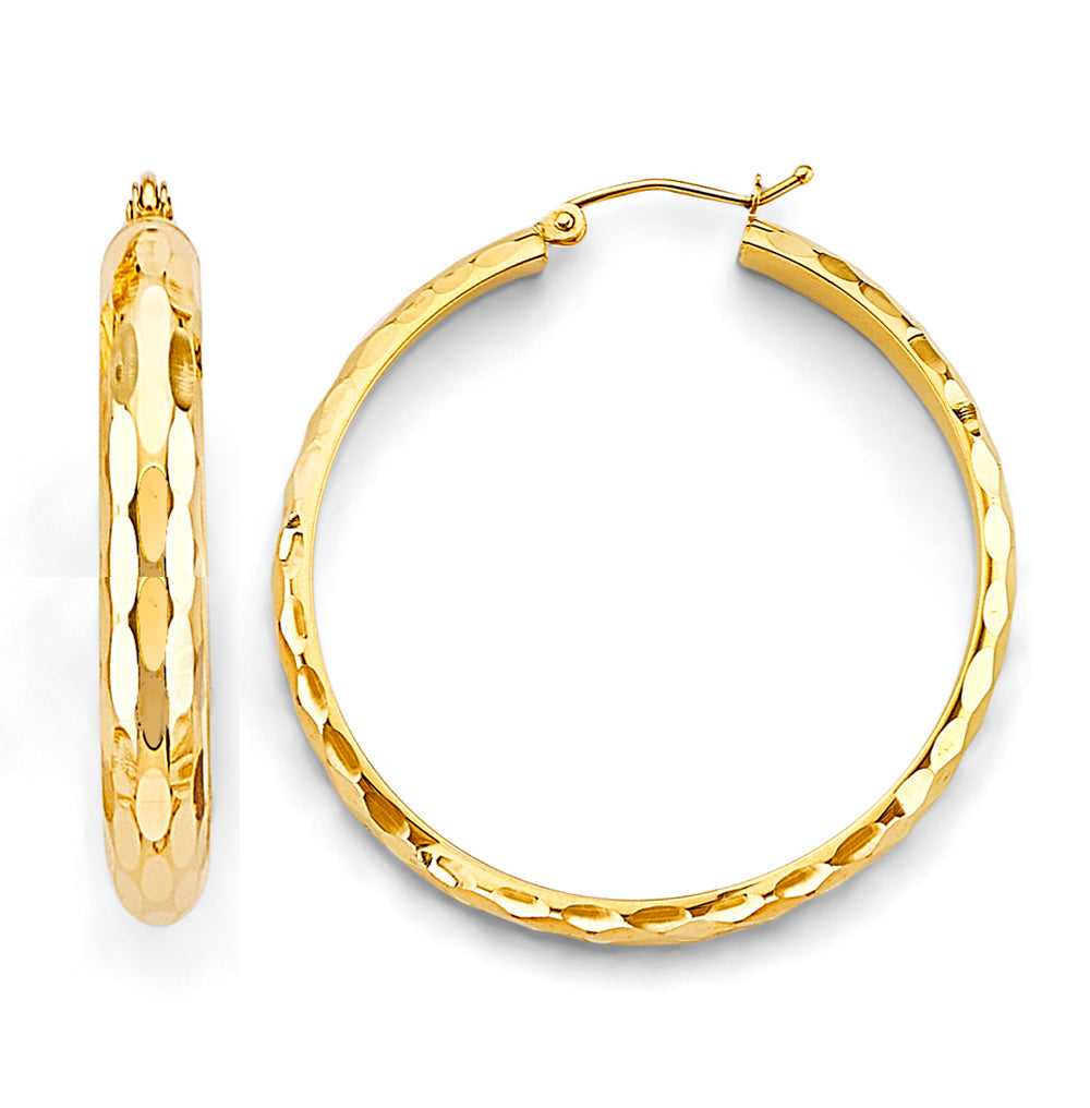 14K Yellow Gold Diamond-Cut Faceted Hoop Earrings 4mm thick aprox 1 1/2"" in diameter