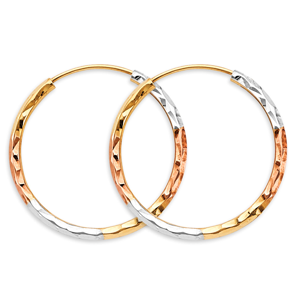 14K Tri-Color Gold Diamond Cut Faceted Hoop Earrings 1.8mm thick aprox 1" in diameter
