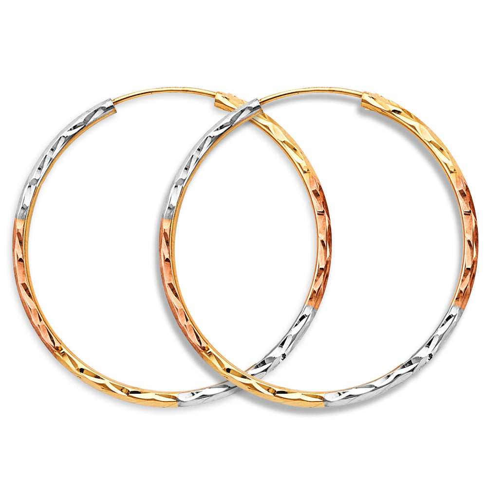 14K Tri-Color Gold Diamond Cut Faceted Hoop Earrings 1.8mm thick aprox 1.5" in diameter