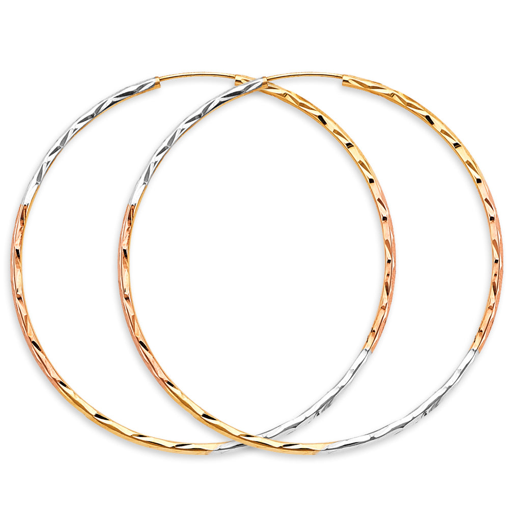 14K Tri-Color Gold Diamond Cut Faceted Hoop Earrings 1.8mm thick aprox 2.25" in diameter