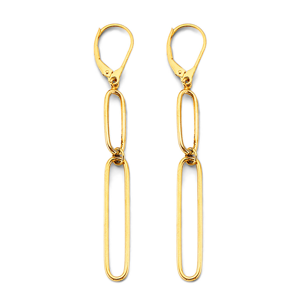 14K Yellow Gold Double Oval Link Dangle Earrings 2 1/2" tall
