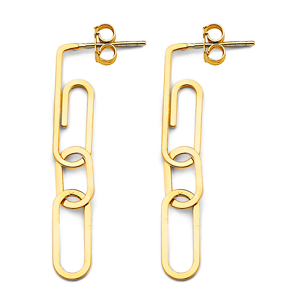 14K Yellow Gold Geometric Paperclip Link Dangle Earrings 1 1/2" tall