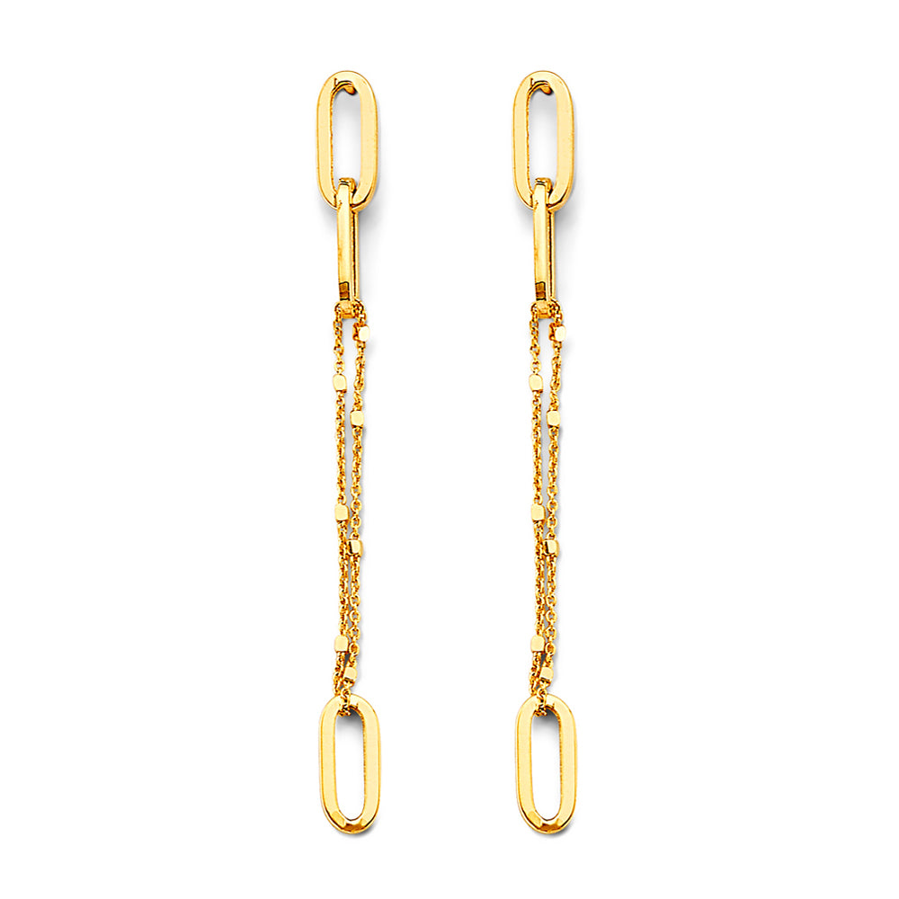 14K Yellow Gold Double Chain Paperclip Link Dangle Earrings 2 1/2" tall