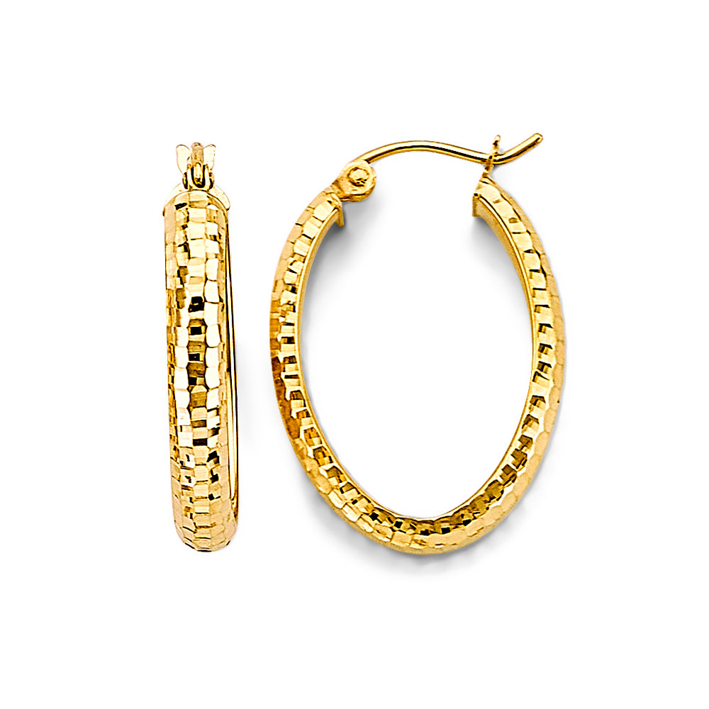 14K Yellow Gold Diamond-Cut Oval Hoop Earrings 1" tall
