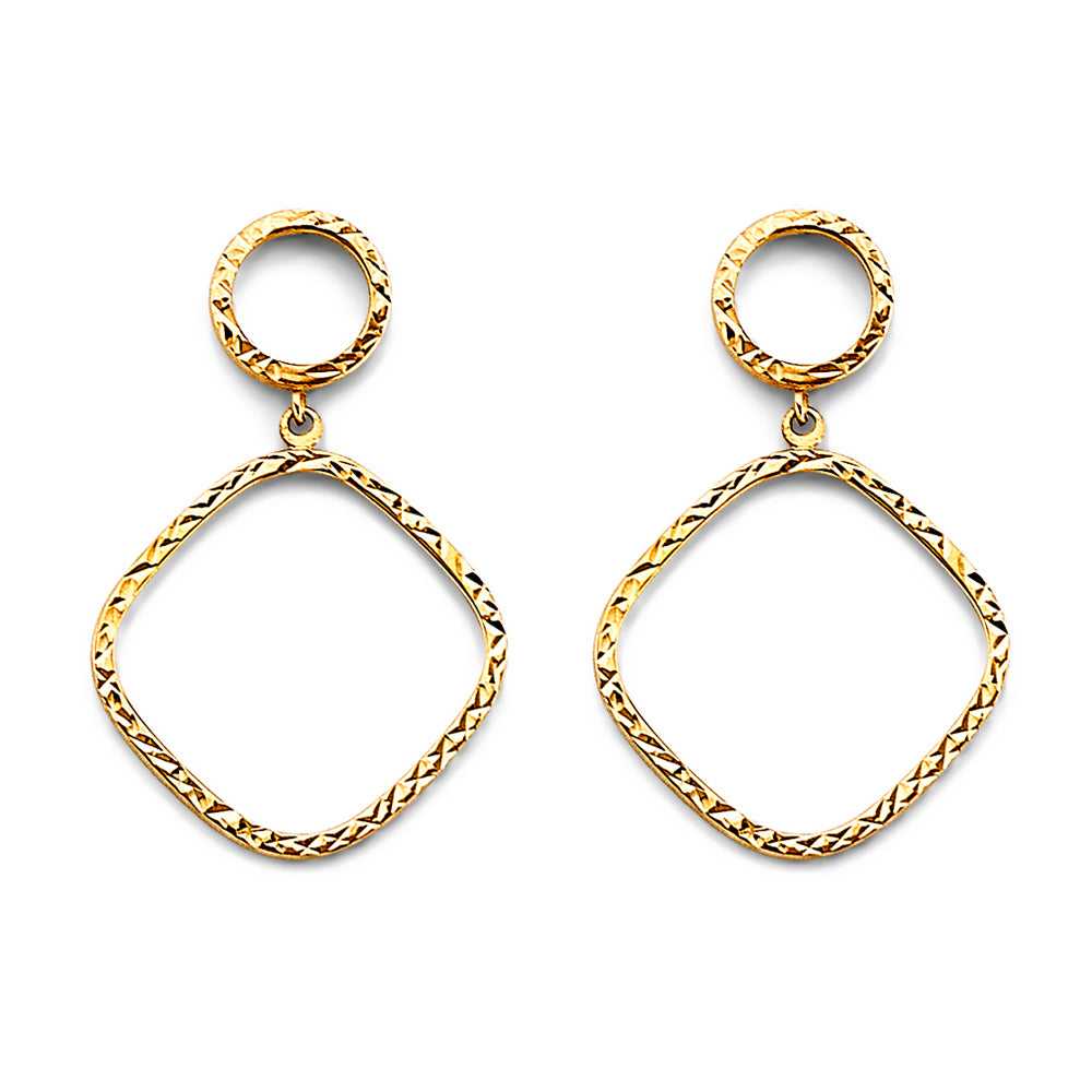 14K Yellow Gold Diamond-Cut Circle and Soft-Square Dangle Earrings 1" tall
