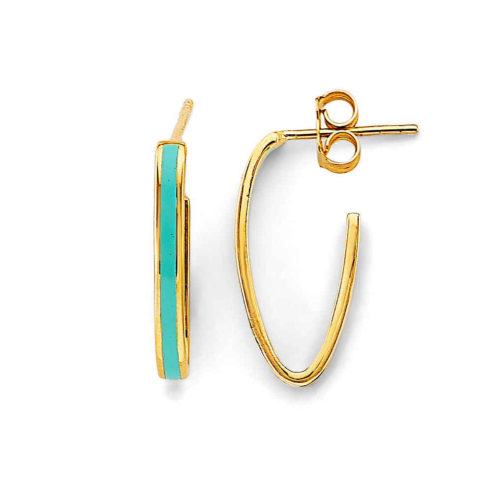 14K Yellow Gold Turquoise Enamel U-Hoop Earrings aprox 3/4" in diameter