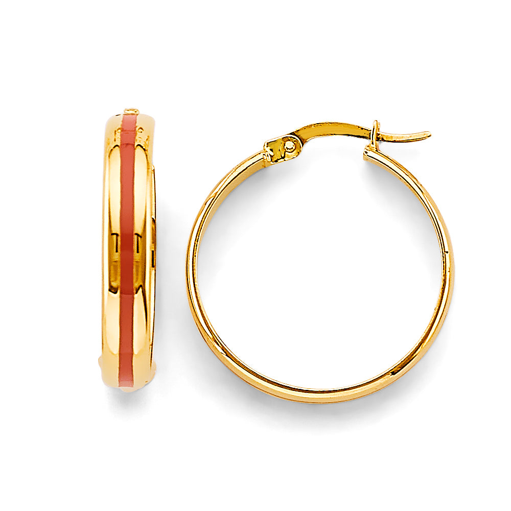 14K Yellow Gold Red Enamel Hoop Earrings aprox 3/4" in diameter