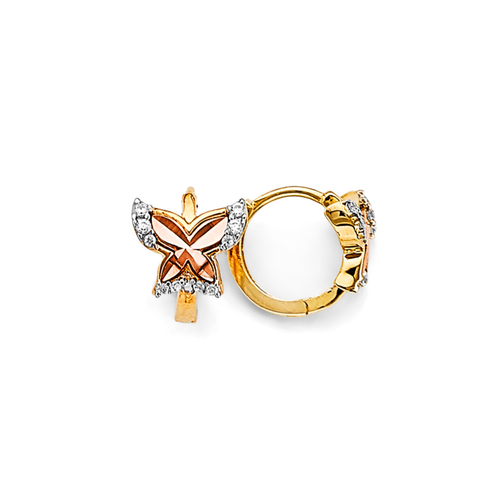 14K Two-Tone Gold Children’s Tri-Color Butterfly CZ Hoop Earrings