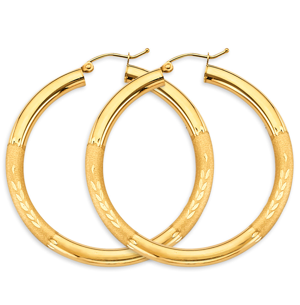14K Yellow Gold Polished & Satin Hoop Earrings 3.8mm thick aprox 1 3/4" in diameter