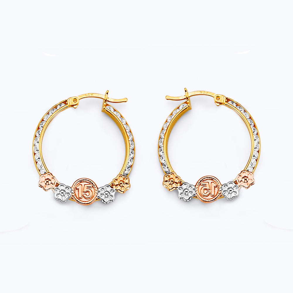14K Tri-Color Gold Quince Años CZ Hoop Earrings aprox 1" in diameter