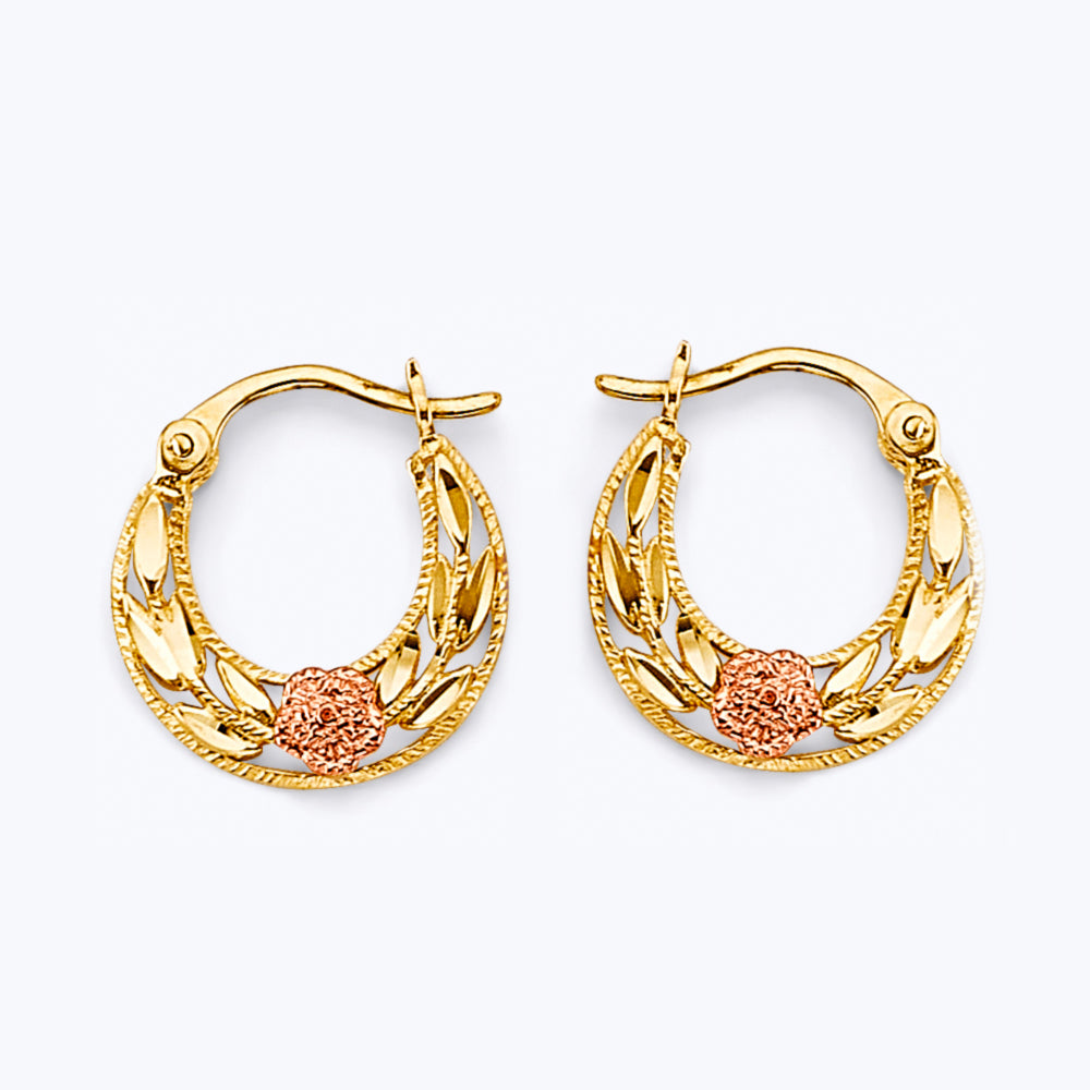 14K Two-Tone Gold Filigree Hoop Earrings with Rose Gold Floral Accent aprox 1/2"