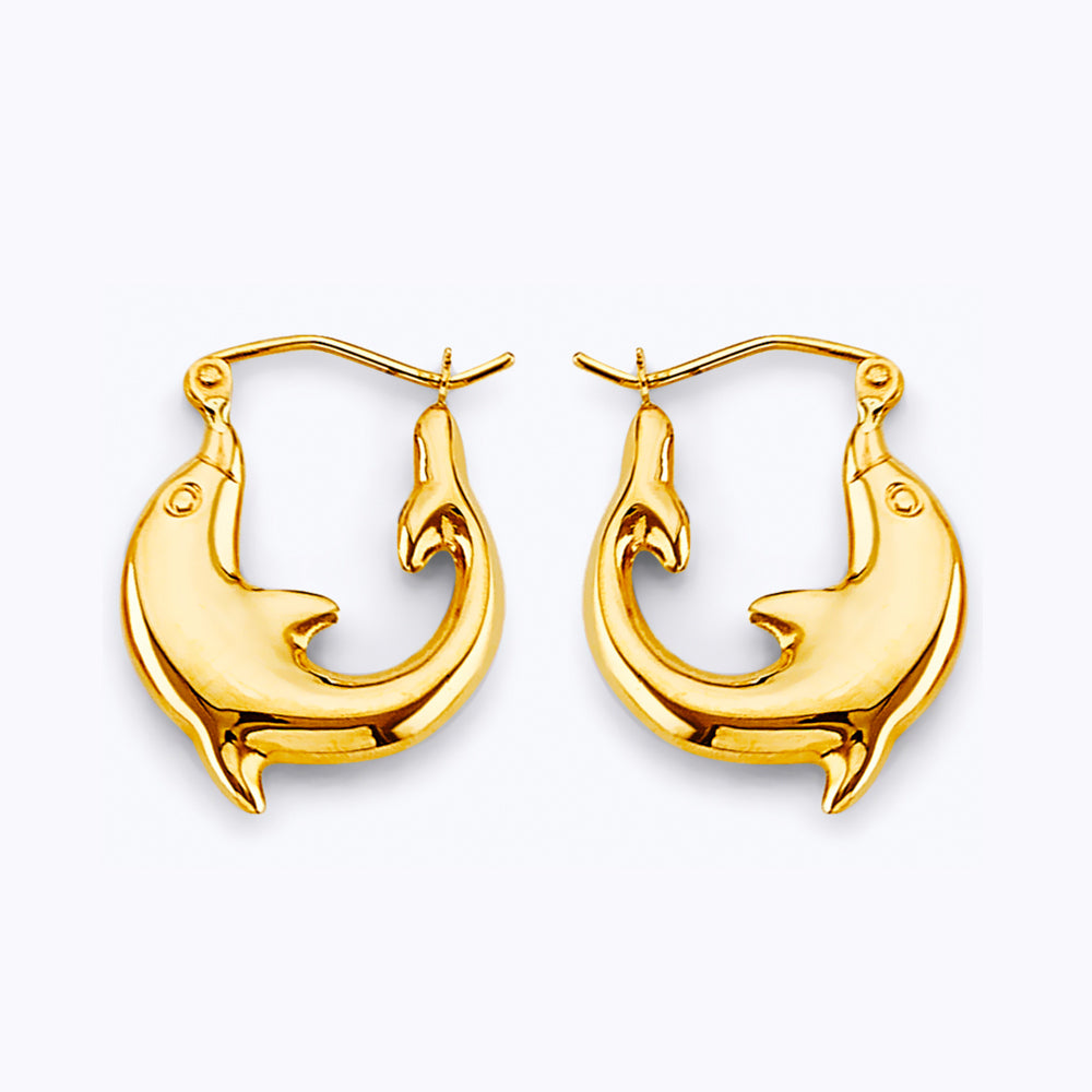 14K Yellow Gold Dolphin Hoop Earrings aprox 3/4" in diameter
