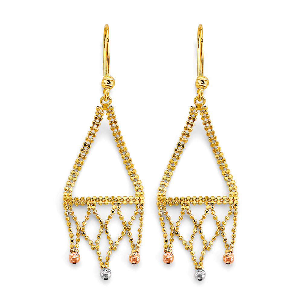 14K Tri-Color Gold Beaded Lattice Style Drop Earrings