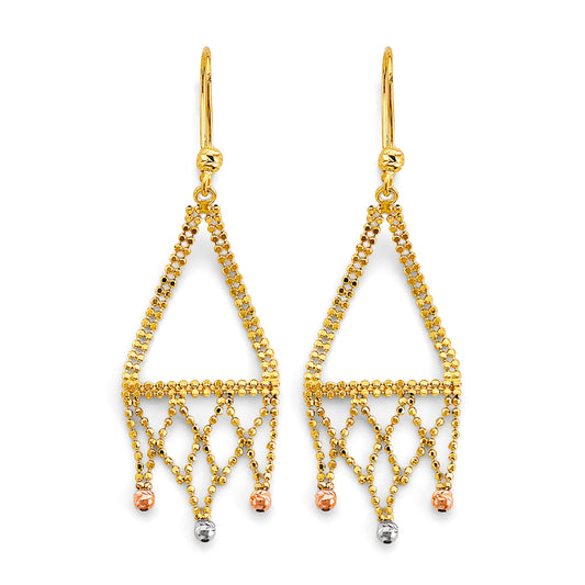 14K Tri-Color Gold Beaded Lattice Style Drop Earrings