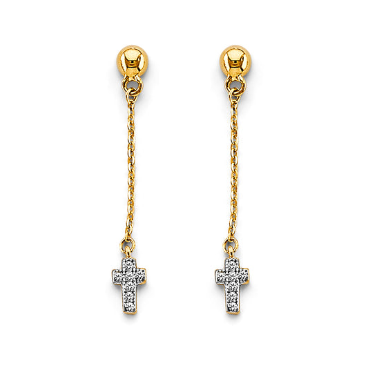 14K Yellow Gold Dangle Cross CZ Earrings