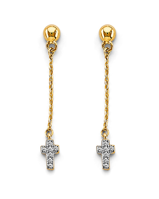 14K Yellow Gold Dangle Cross CZ Earrings