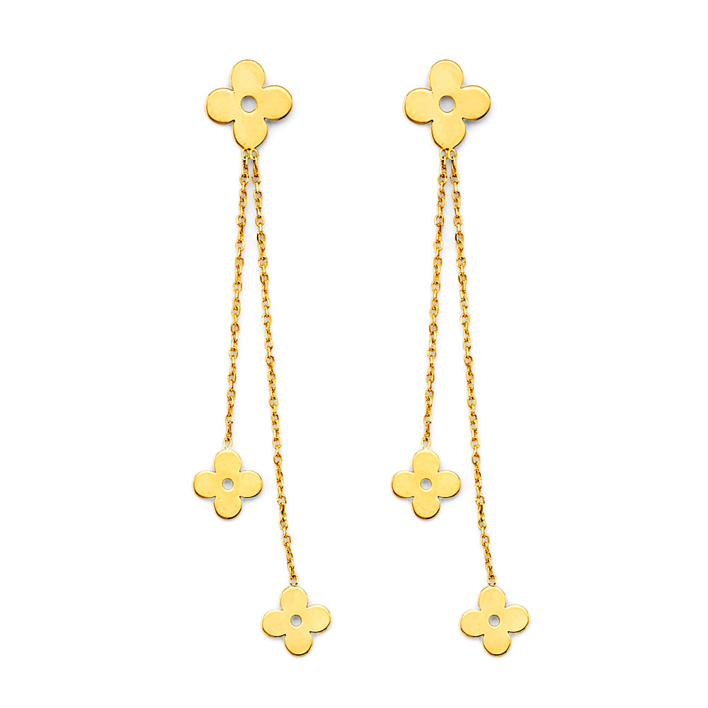 14K Yellow Gold Triple Clover Dangle Earrings