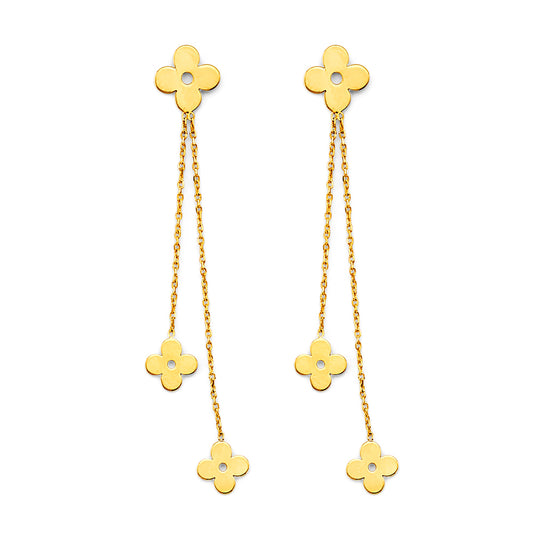 14K Yellow Gold Triple Clover Dangle Earrings