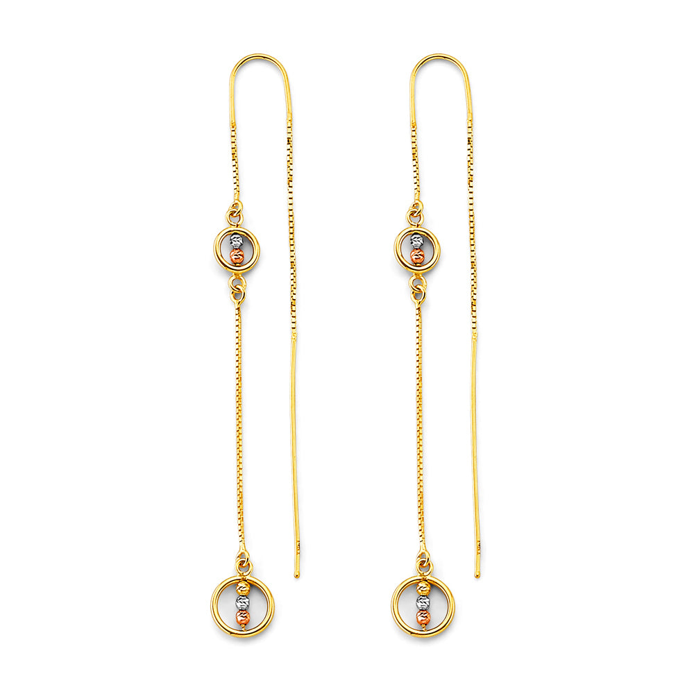 14K Tri-Color Gold Beaded Threader Dangle Earrings