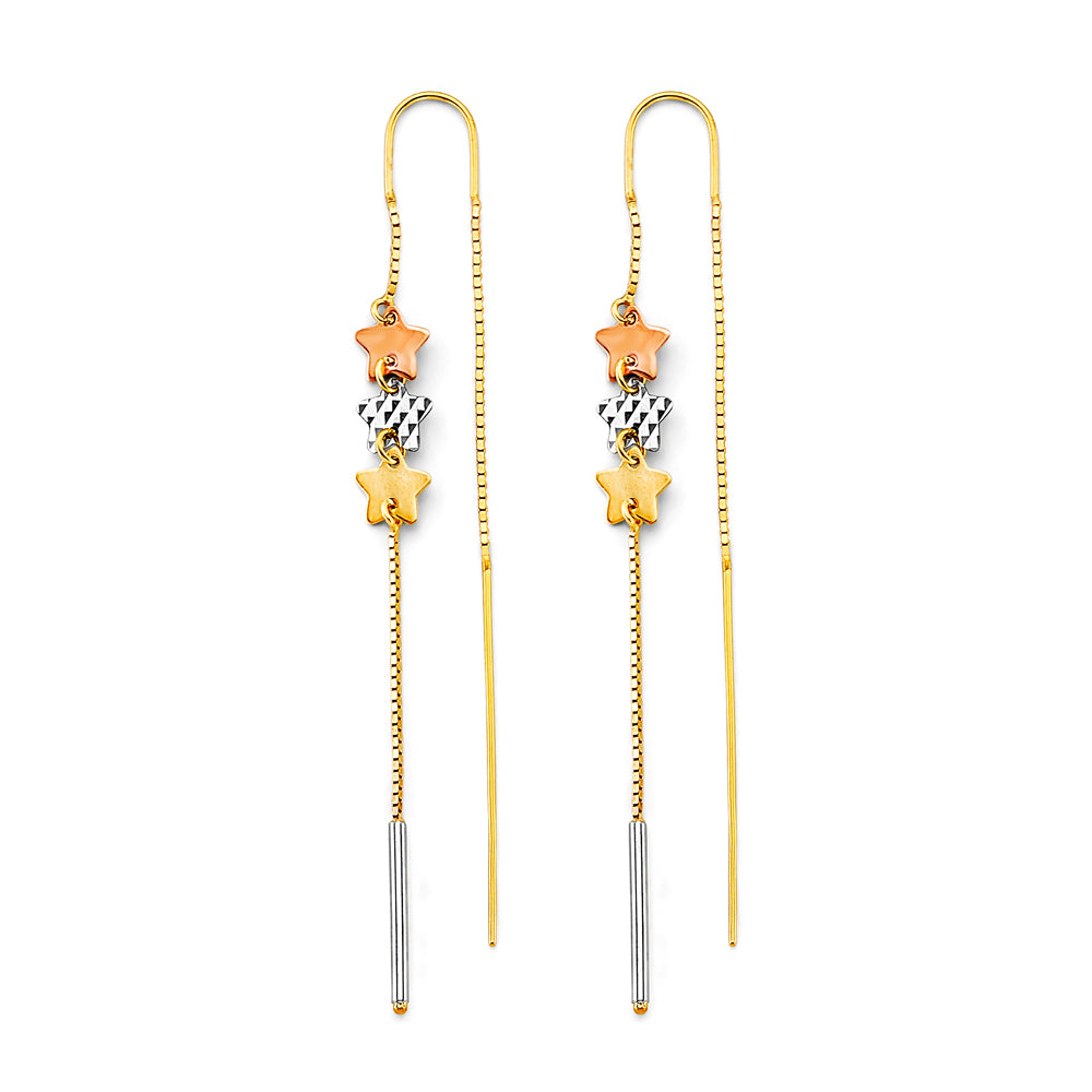 14K Tri-Color Gold Triple Star Threader Dangle  Earrings