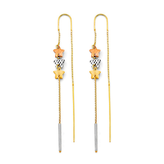 14K Tri-Color Gold Triple Star Threader Dangle  Earrings