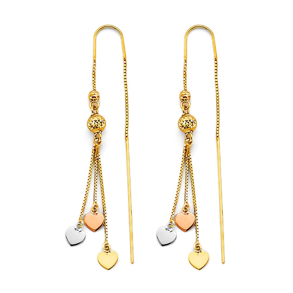 14K Tri-Color Gold Triple Heart Threader Dangle Earrings
