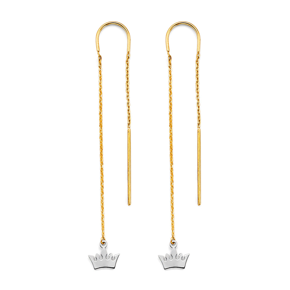 14K Two-Tone Gold Crown Threader Dangle Earrings