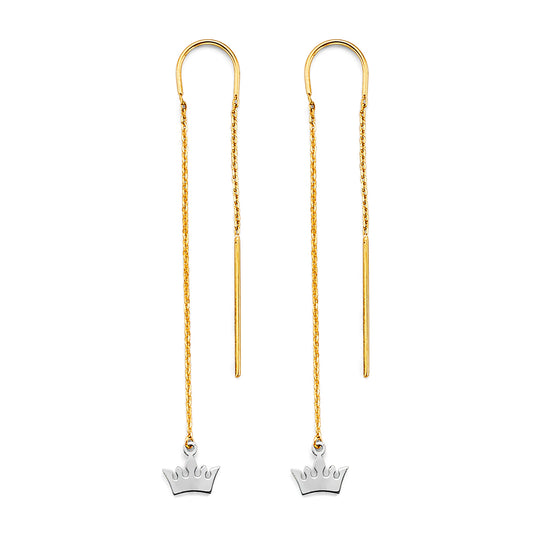 14K Two-Tone Gold Crown Threader Dangle Earrings