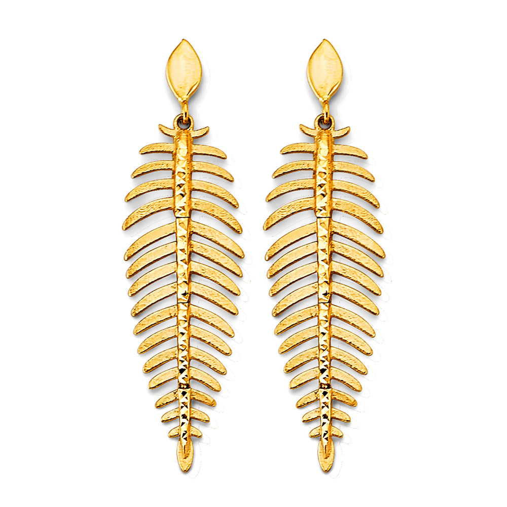 14K Yellow Gold Diamond-Cut Leaf Drop Earrings 2" tall