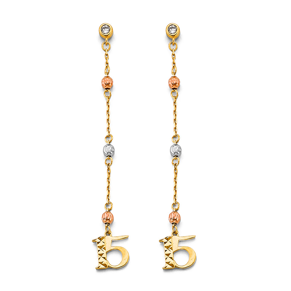 14K Tri-Color Gold Quinceañera 15 Dangle CZ Earrings
