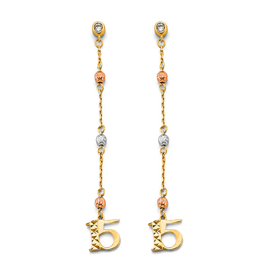 14K Tri-Color Gold Quinceañera 15 Dangle CZ Earrings