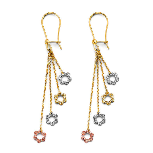 14K Tri-Color Gold Triple Flower Dangle Earrings