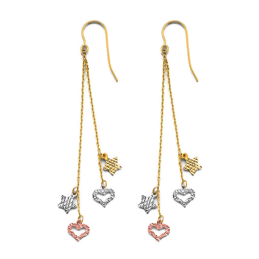 14K Tri-Color Gold Star & Heart Dangle Earrings