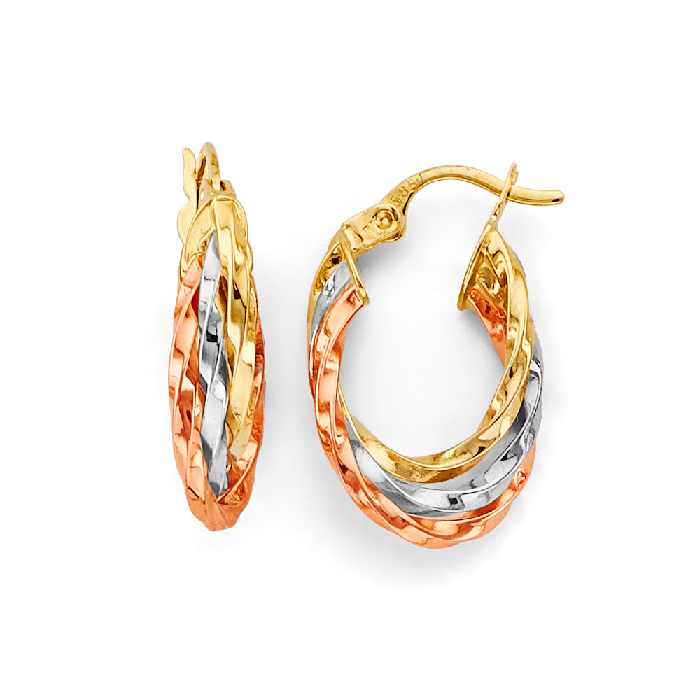 14K Tri-Color Gold Textured Twisted Hoop Earrings aprox 3/4" tall