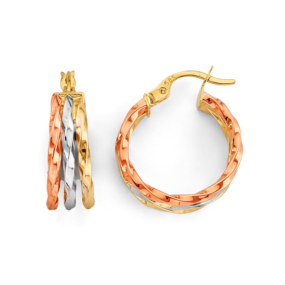14K Tri-Color Gold Textured Twisted Hoop Earrings aprox 3/4" tall