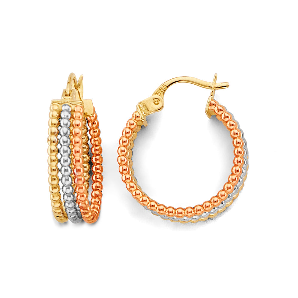 14K Tri-Color Gold Beaded Hoop Earrings aprox 3/4" tall