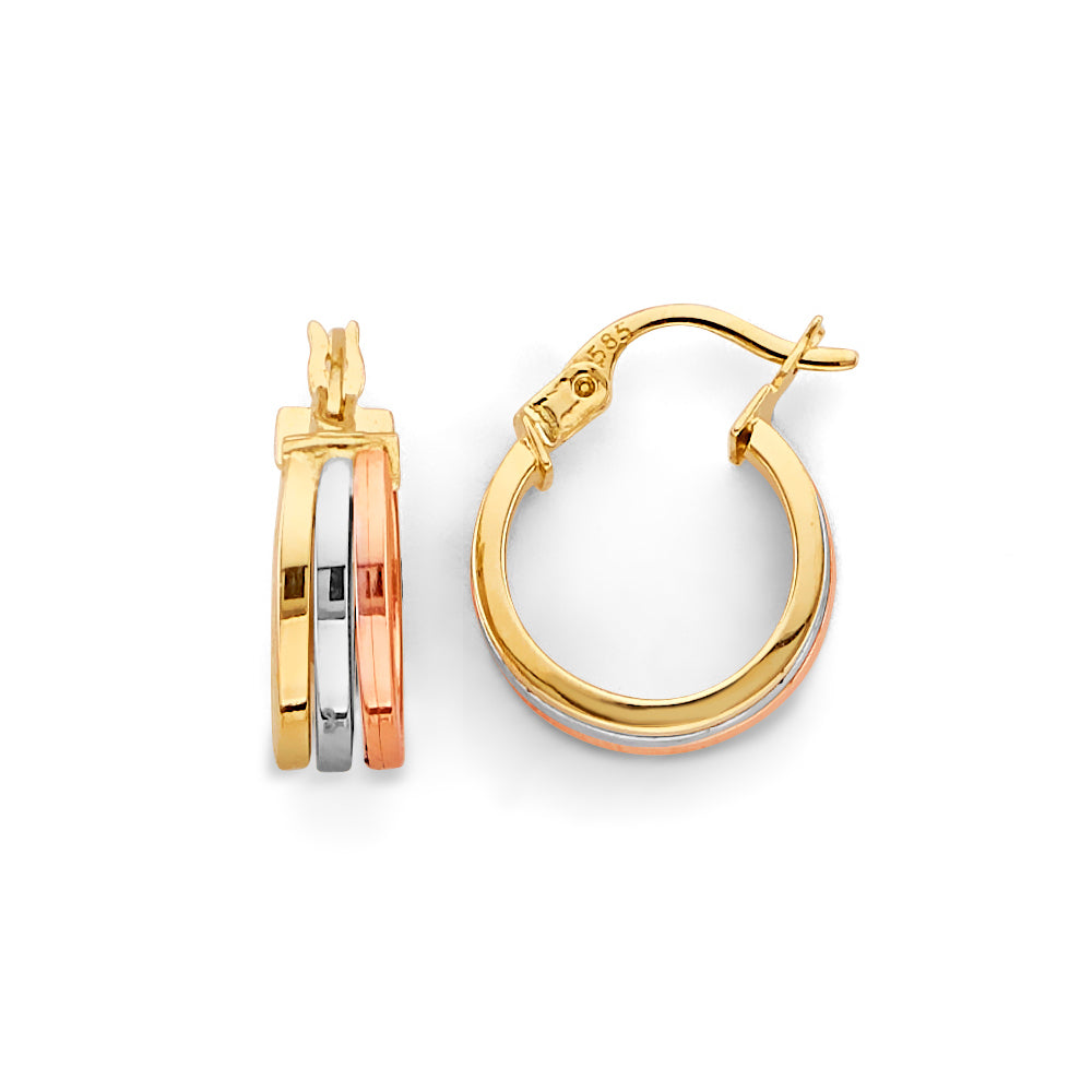 14K Tri-Color Gold High-Polished Triple-Band Hoop Earrings aprox 1/2" tall