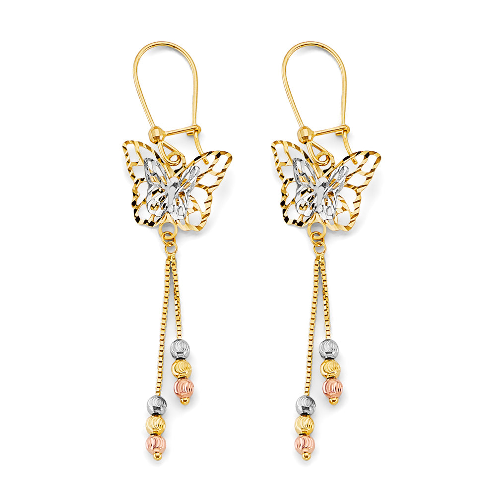 14K Tri-Color Gold Butterfly Filigree Dangle Earrings
