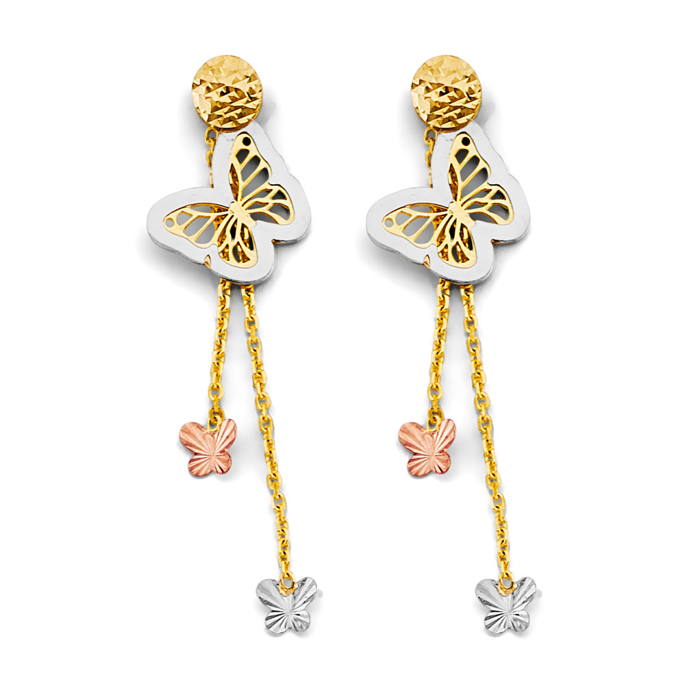 14K Tri-Color Gold Butterfly Dangle Earrings
